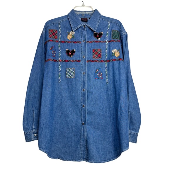 Quizz Again & Co. Tops - Cottagecore Denim Button Top Womens Medium M Blue Patchwork Folk Art Vintage 90s